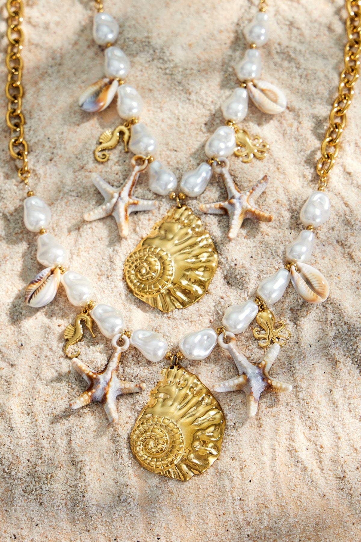 Large Shell & Starfish Pearl Pendant Necklace | 18K Gold-Plated Titanium Steel | Ocean Boho Jewelry - Allcoly