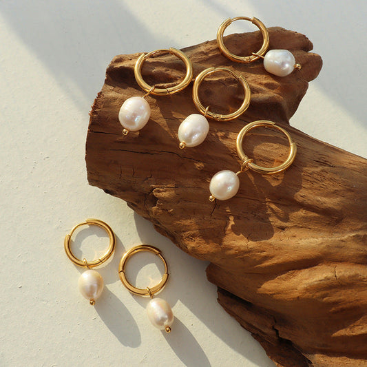 Freshwater pearl hoop earrings with 18K gold-tone titanium steel frame
