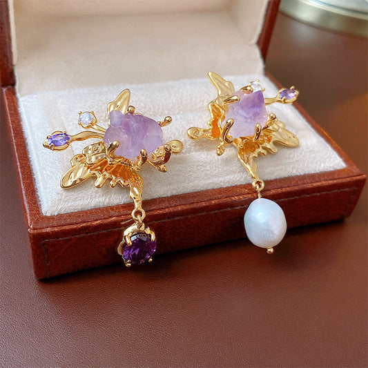 Asymmetric amethyst butterfly earrings with freshwater pearl and zircon drops