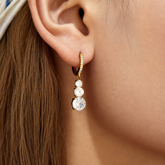 Triple round white zircon dangle earrings with gold-tone huggie hoop