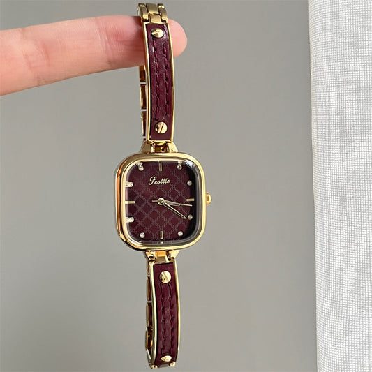 Quilted leather half-bangle watch with gold-tone rounded-square case
