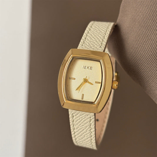 Tonneau grid-dial watch with litchi-grain leather strap