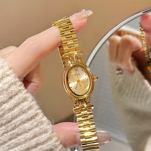 Minimalist oval dial watch with polished steel bracelet
