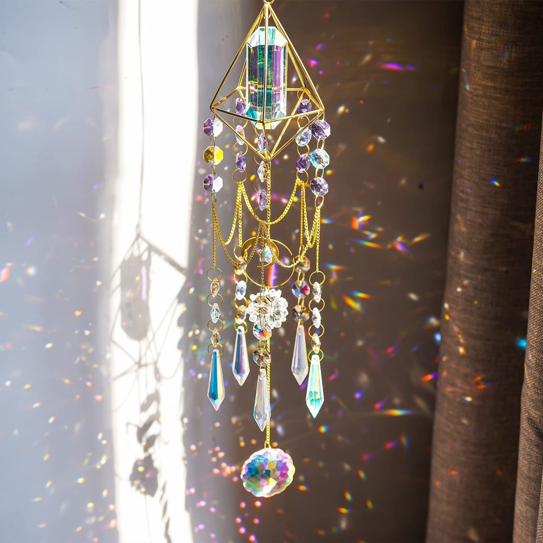 K9 optical glass mandala sun catcher with gold-tone geometric frame