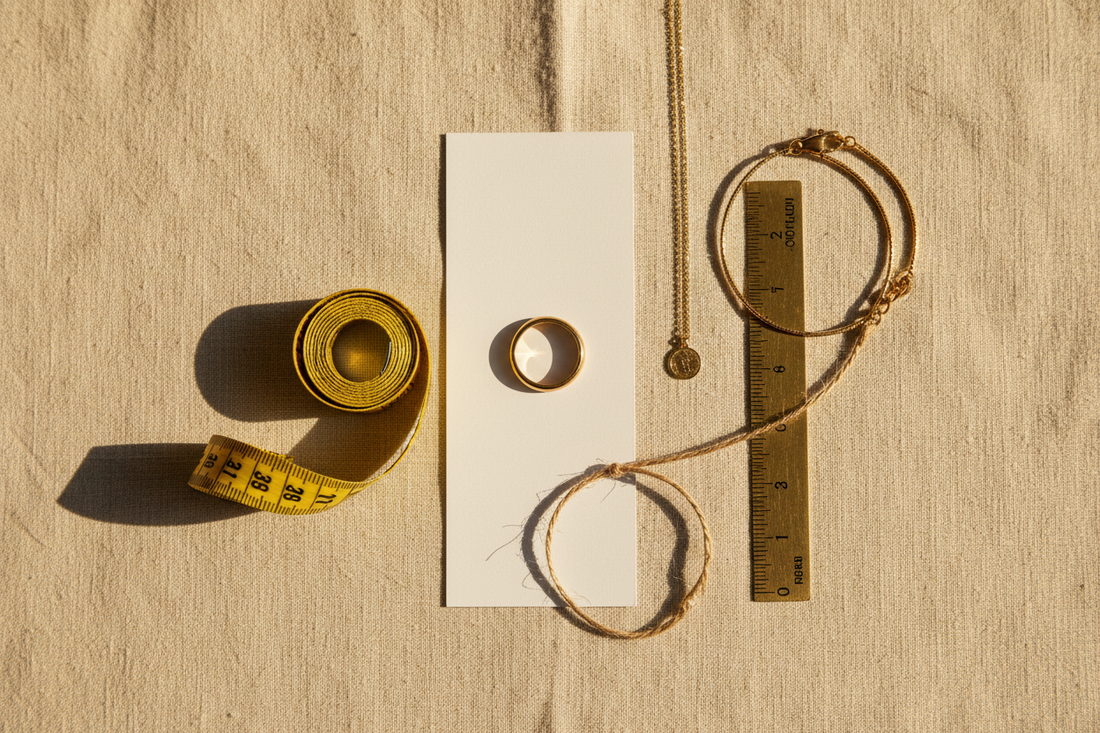 Jewelry measuring tools flat lay with gold ring necklace and bracelet – Allcoly