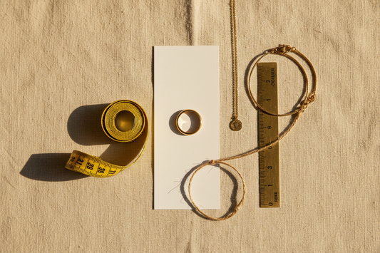 Jewelry measuring tools flat lay with gold ring necklace and bracelet – Allcoly