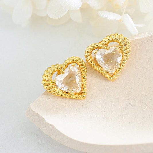 French Sweetheart Brass Inlaid Zirconia Heart-Shaped Earrings