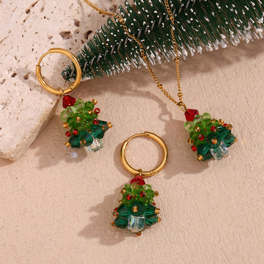 Handmade Crystal Christmas Tree Pendant Earrings and Necklace Holiday Ornaments Match