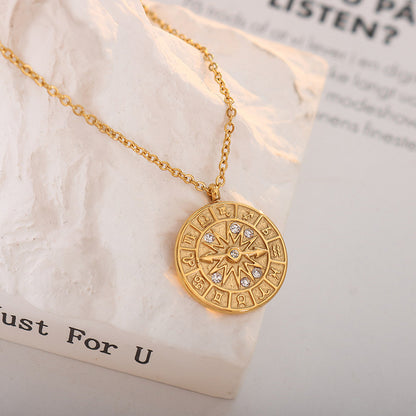 Retro Style Embossed Constellation Dial Round Pendant Necklace