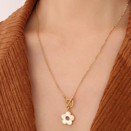 White Shell Flower Pendant Necklace-OT Buckle