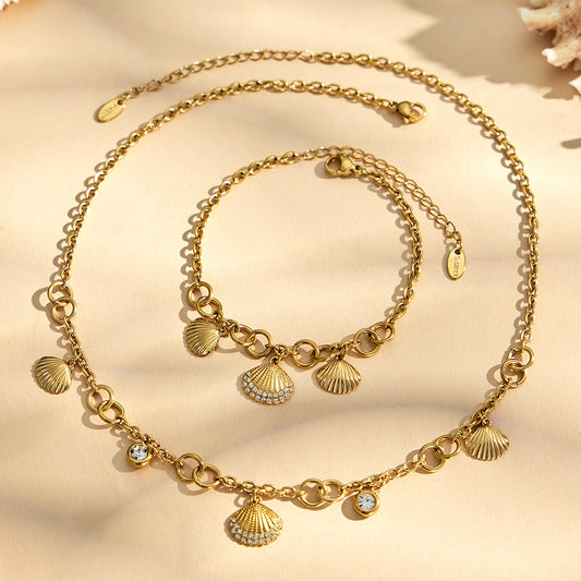 Zircon Shell Pendant Necklace & Bracelet | 18K Gold-Plated Titanium Steel | Ocean Beach Jewelry - Allcoly
