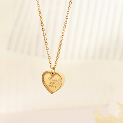 【Love You More】 Heart-shaped Pendant Necklace Frosted Engraved Necklace