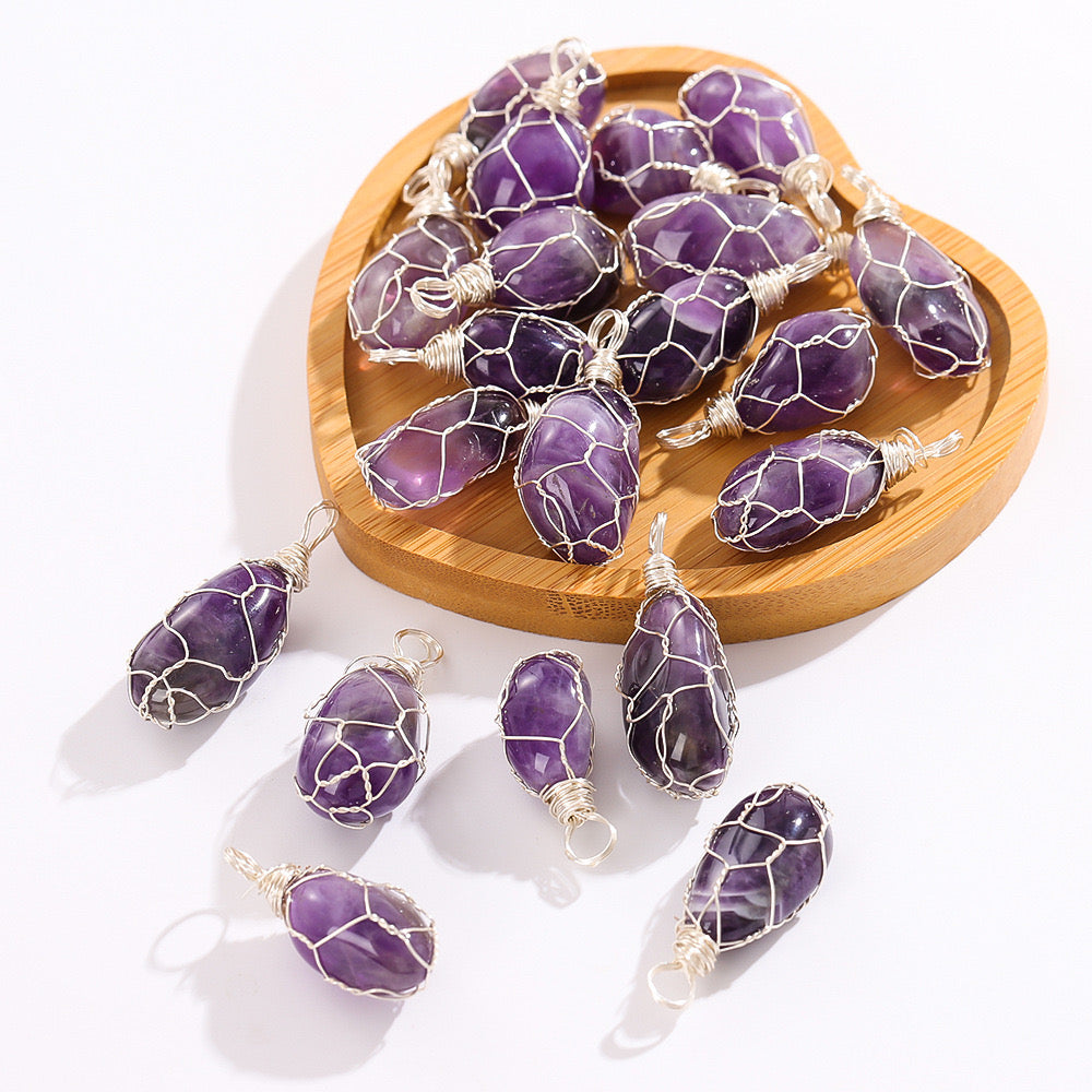 Wound Natural Amethyst Pendant -Natural Purple Crystal for DIY Jewelry