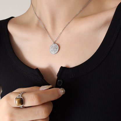 Retro Style Embossed Constellation Dial Round Pendant Necklace