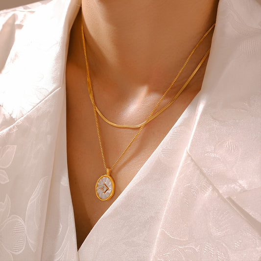 Stacked Oval Mother-of-Pearl Zirconia Pendant Necklace