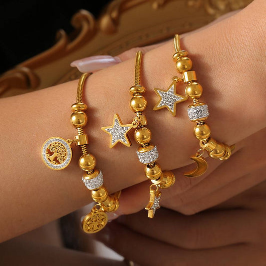 【Lucky Aura】Star-Moon-Tree Charm Snake Chain Bracelet