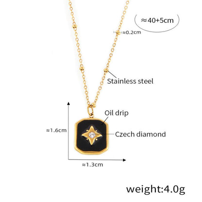 Black Drop Glazed Czech Diamond Cross Star Square Plate Necklace