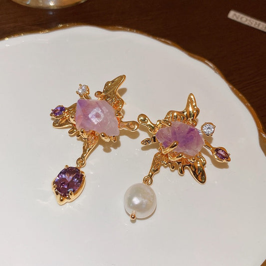 Enchanted Butterfly With Amethyst & Pearl Pendant Asymmetry Earrings