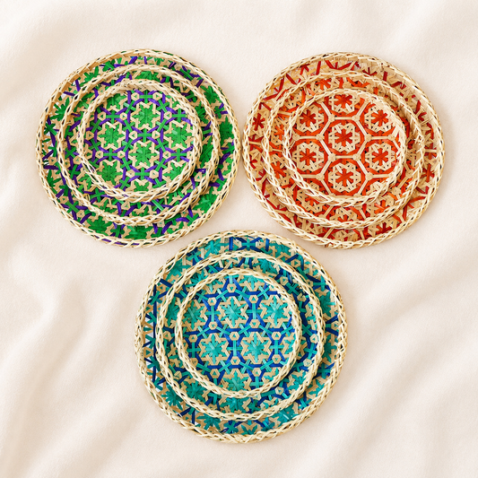 Honeycomb Bamboo Woven Storage Tray | Colorful Fruit Basket | Handmade Home Decor