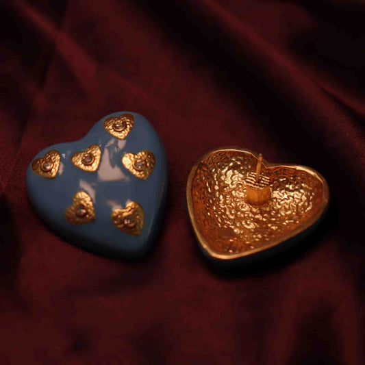 Heart-shaped blue enamel stud earrings