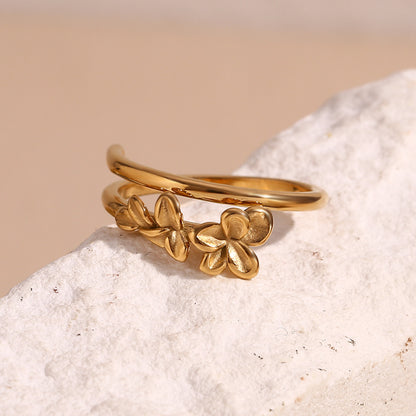 Three Flowers Double Layer Ring - Hypoallergenic Opening Size