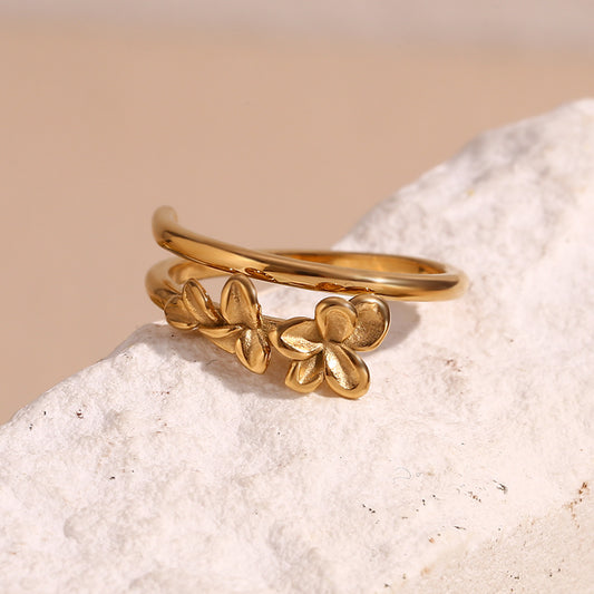 Three Flowers Double Layer Ring - Hypoallergenic Opening Size