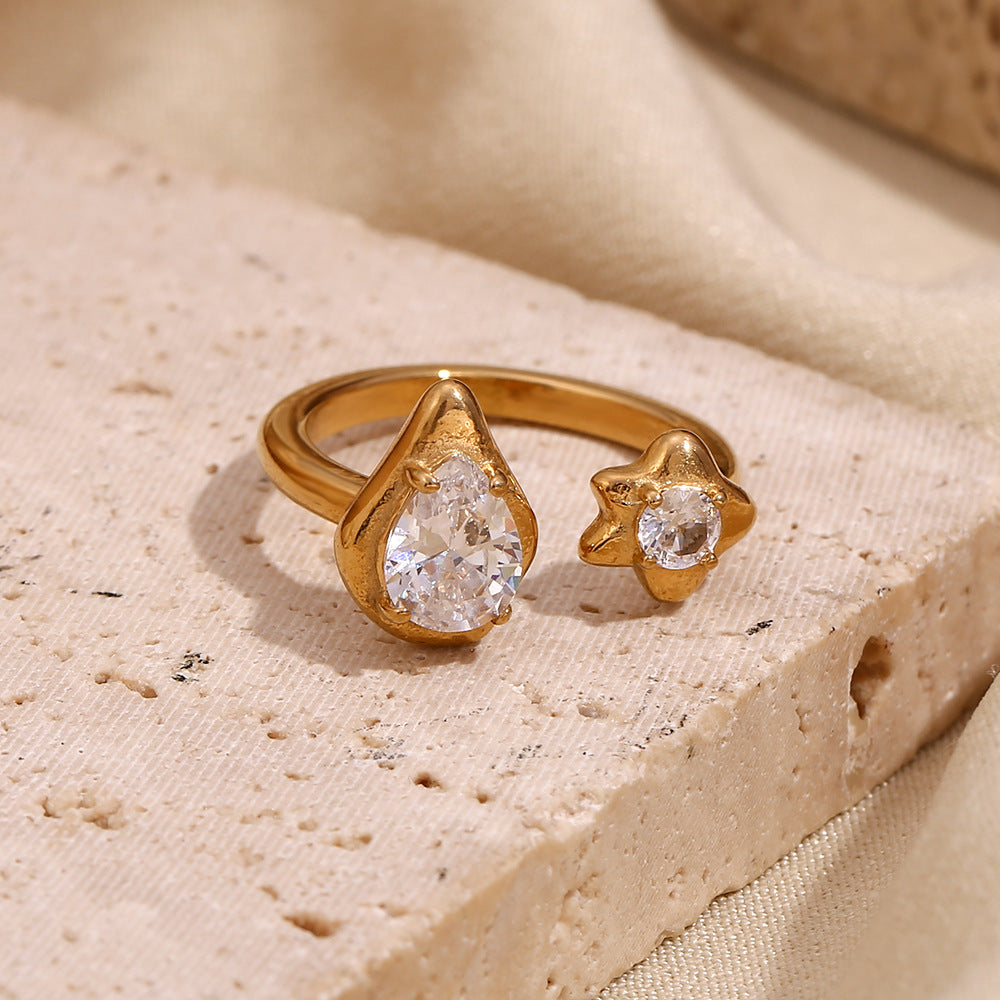 AsymmetricalWater Drop and Star Zircon Ring Open Size