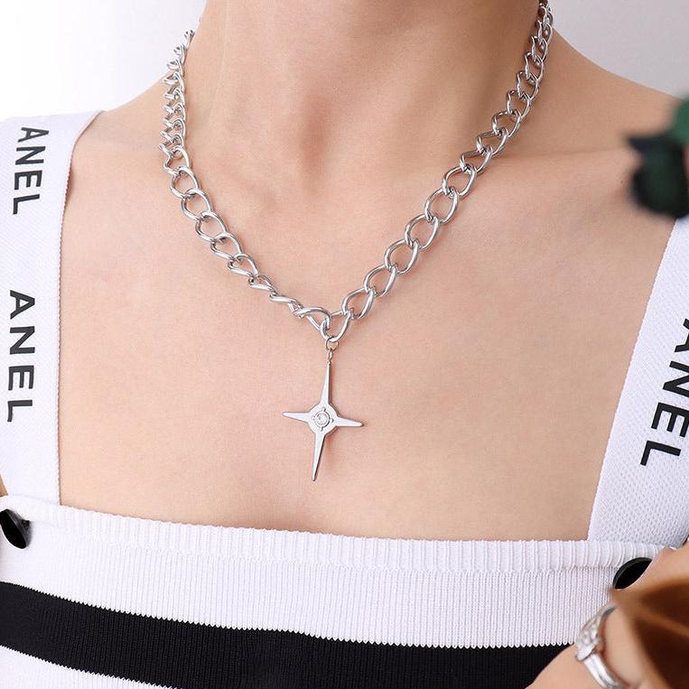 Simple Hip Hop Cross Pointed Star Inlaid Zircon Necklace for Men and Women Couple Necklace