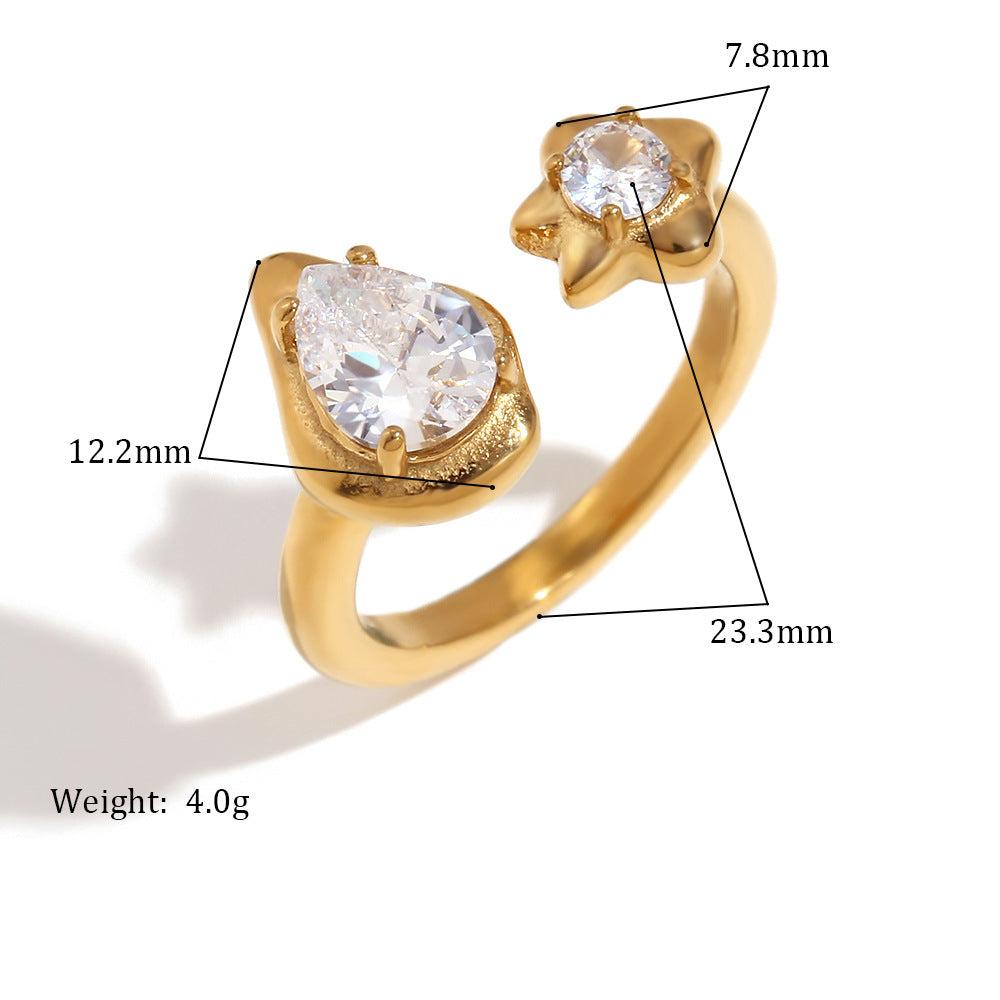 AsymmetricalWater Drop and Star Zircon Ring Open Size