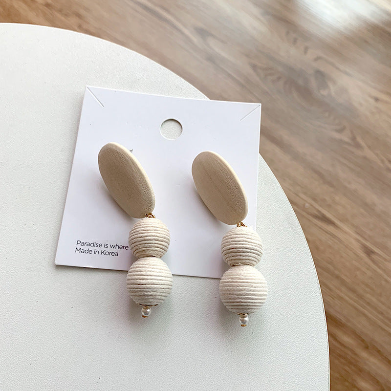 Wooden & Handwoven White Ball Earrings