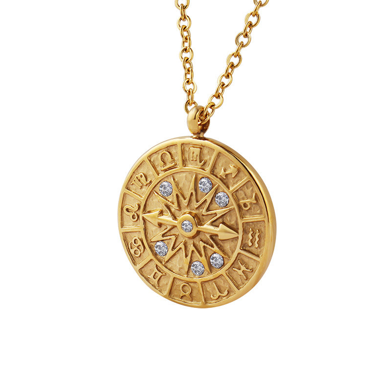 Retro Style Embossed Constellation Dial Round Pendant Necklace