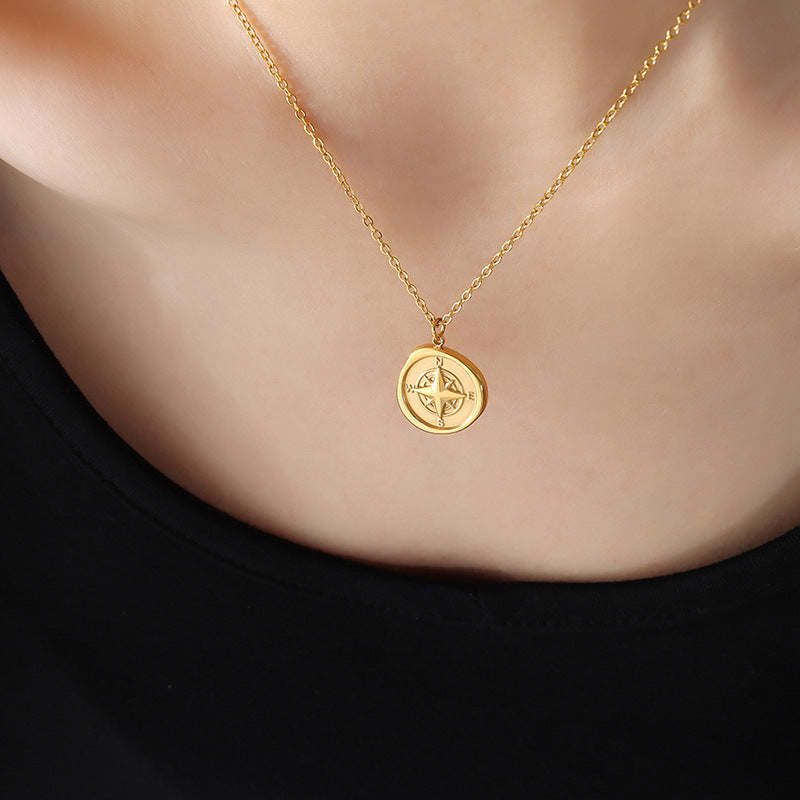 Round Compass Directional Design Pendant Necklace