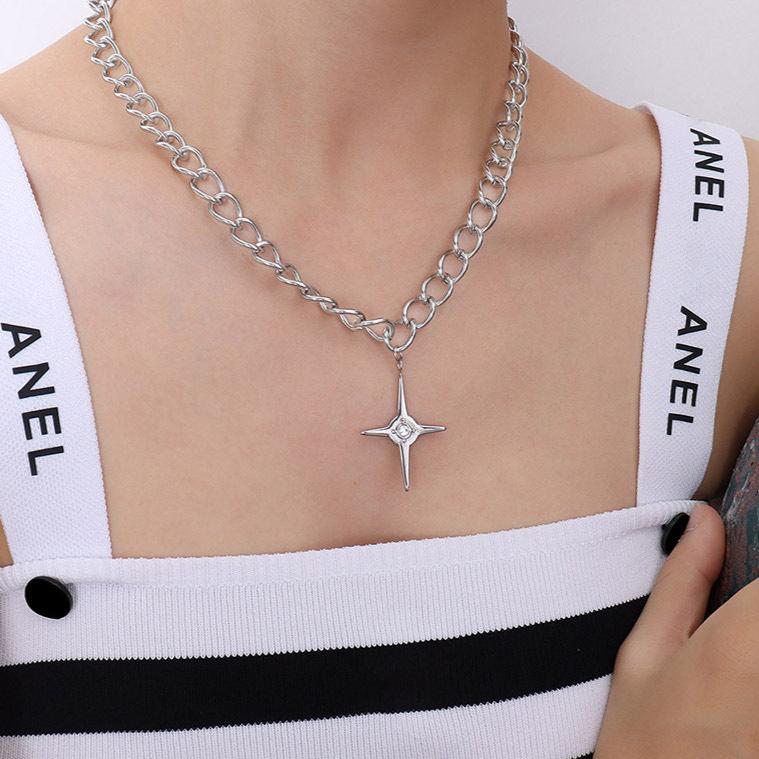 Simple Hip Hop Cross Pointed Star Inlaid Zircon Necklace for Men and Women Couple Necklace